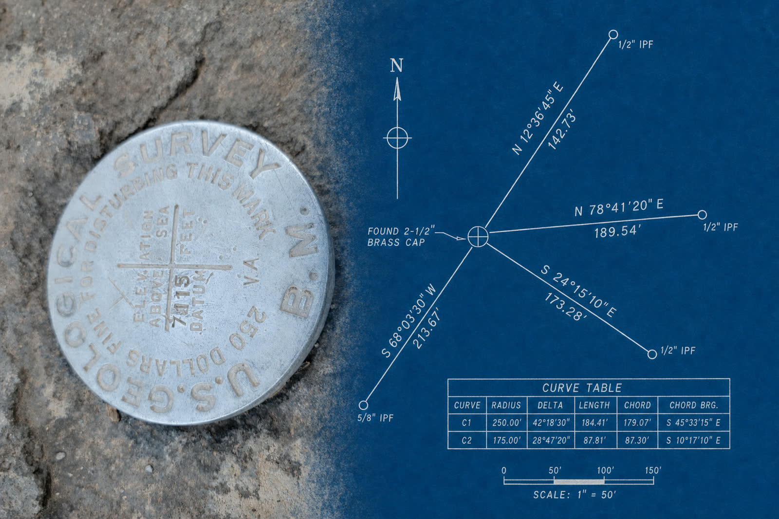 Survey benchmark alongside a plat showing boundary measurements