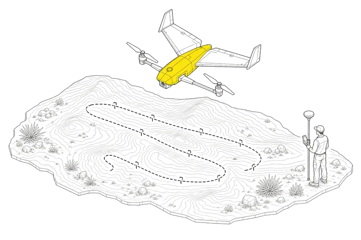 Line illustration of a fixed-wing mapping drone flying a survey pattern over contoured terrain