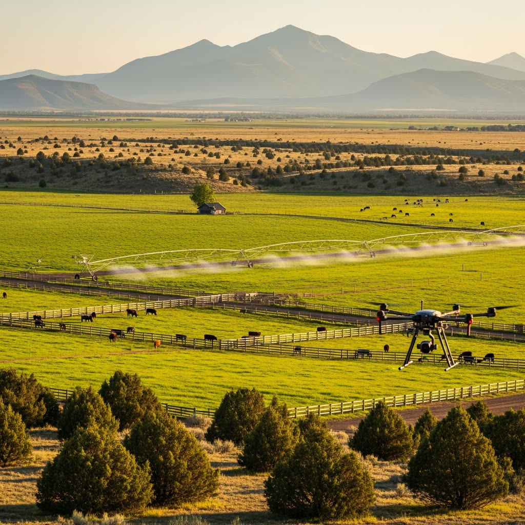 Drone surveying irrigated fields and pastureland